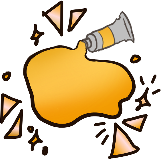 A silver paint tube with a gold label has a puddle of golden paint coming from it. Around the puddle are gold emphasis triangles and sparkles.
